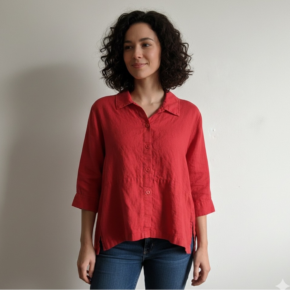 Flax Sz S 100% Linen Red Button Front Lagenlook Blouse